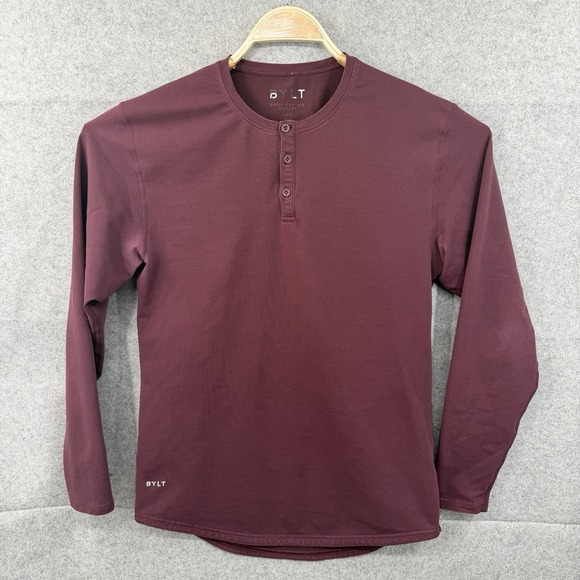 BYLT Basics Shirt Mens M Maroon Long Sleeve Drop Cut Performance Stretch Read - Picture 2 of 10
